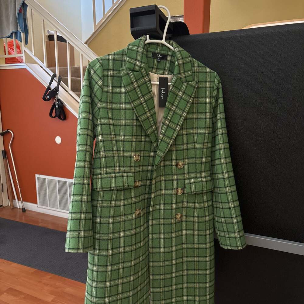 Green Plaid Double Breasted Peacoat